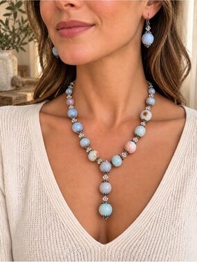 Artisan Agate Bead Necklace & Earrings Set Boho Coastal Statement Matching Set